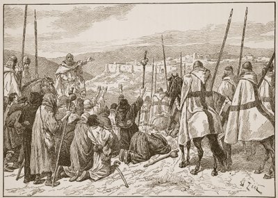 Peregrinos bajo escolta de Caballeros Templarios, a la vista de Jerusalén, ilustración de 